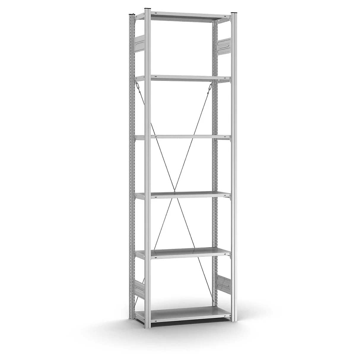 Una estantería metálica plateada con varios niveles, sobre un fondo blanco. Soportes diagonales estabilizadores.
