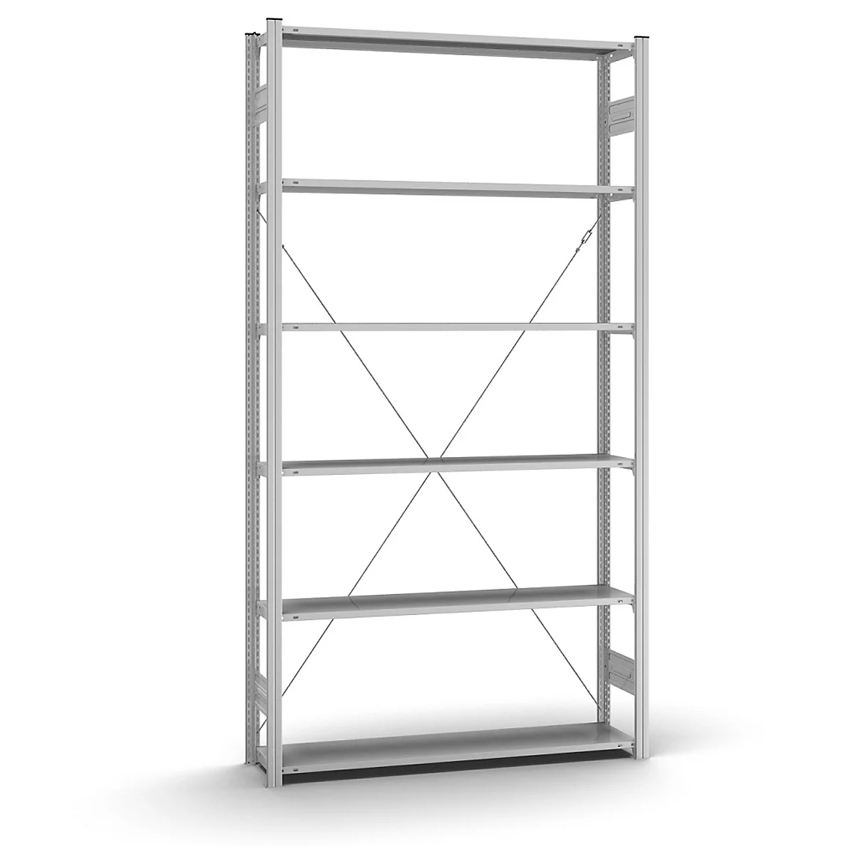 Estantería de metal gris con seis estantes. Los puntales diagonales refuerzan la construcción. El fondo es blanco.