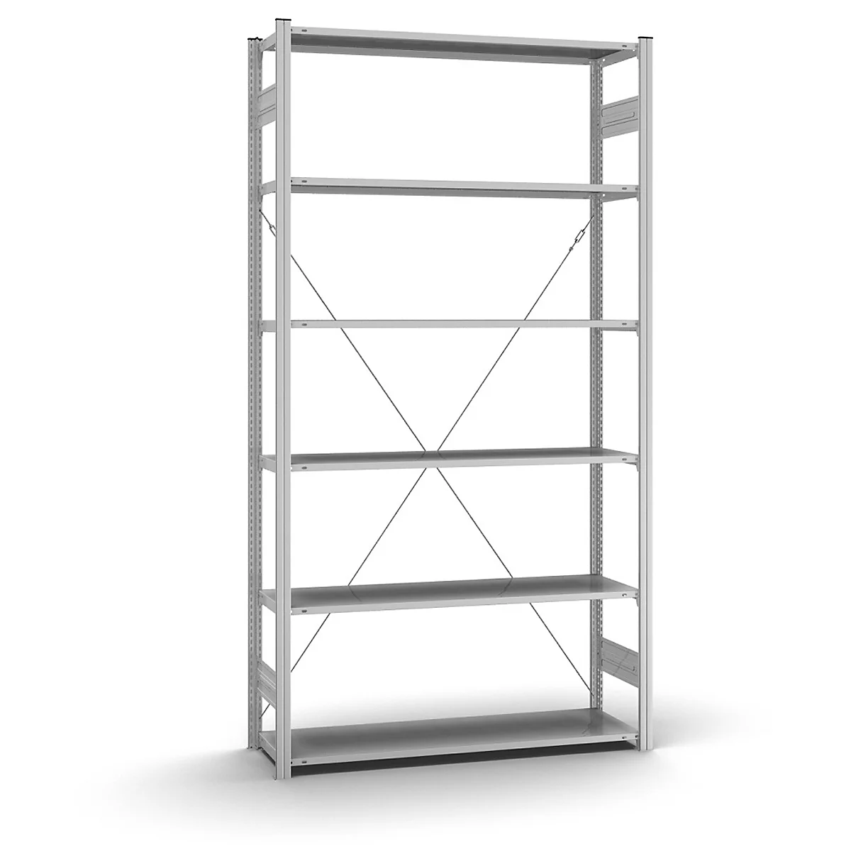 Una estantería metálica plateada con seis estantes, puntales diagonales y ligera sombra.