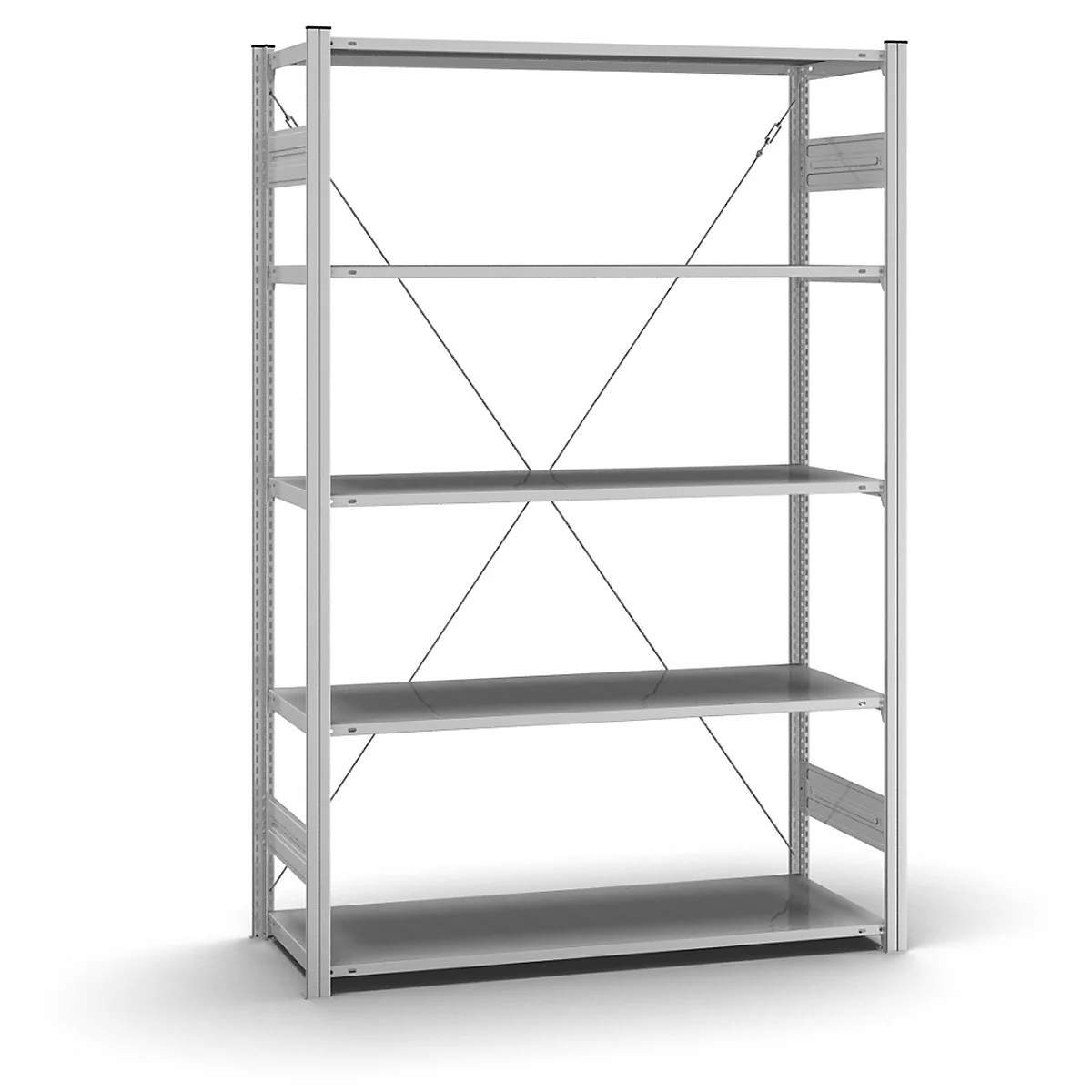 Una estantería metálica gris con cuatro estantes. Los puntales diagonales refuerzan la estructura. El fondo es blanco.