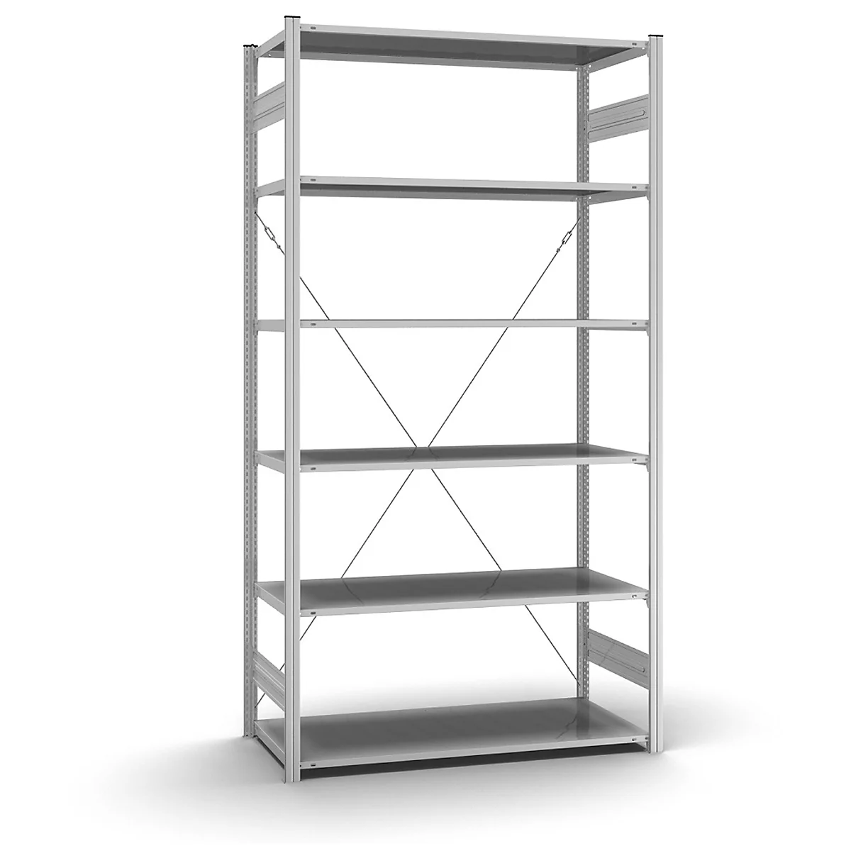Estantería de metal gris con seis estantes sobre un fondo blanco. Dos puntales diagonales estabilizan la estantería.
