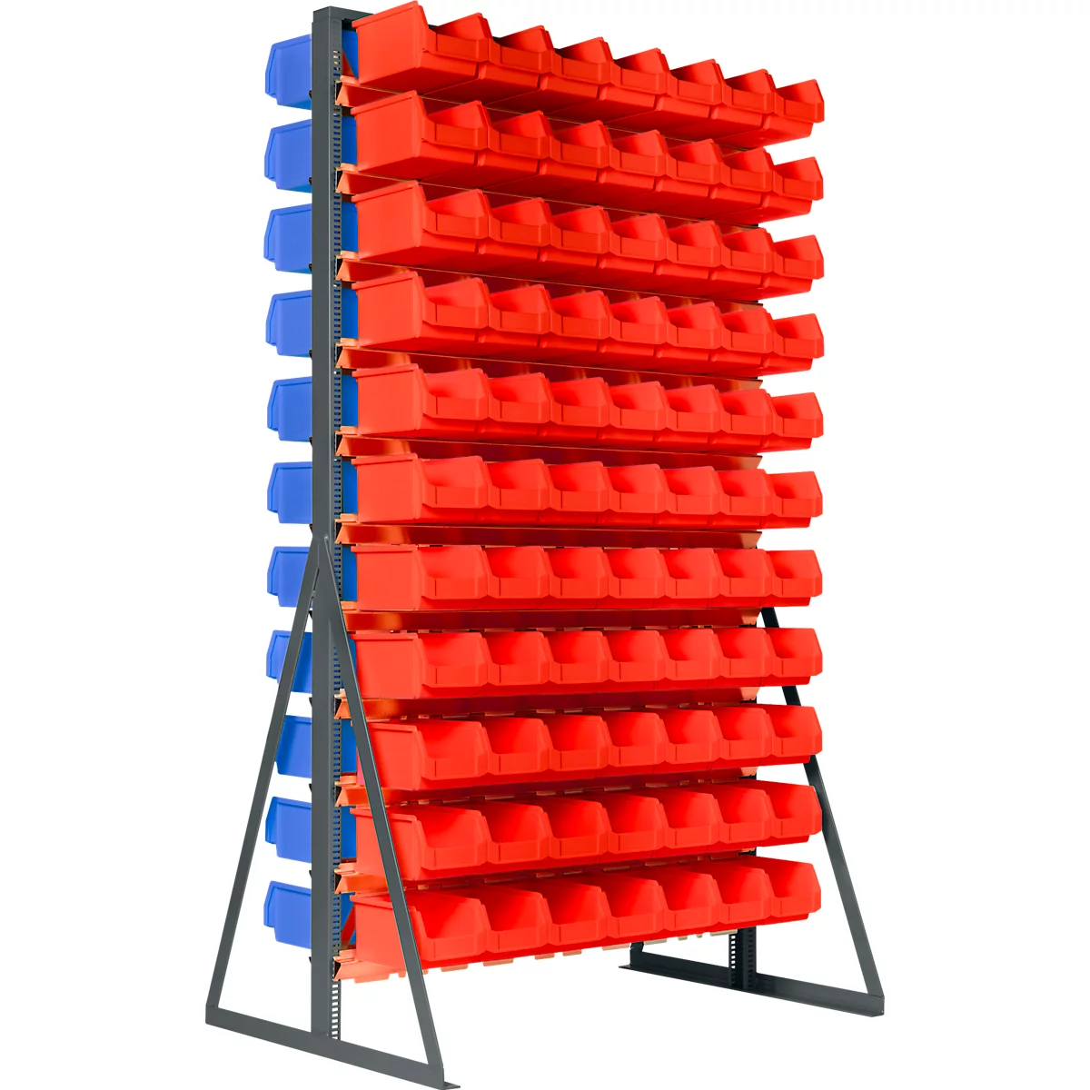 Estantería de metal gris independiente con muchas cajas de plástico rojas y azules sobre un fondo blanco.
