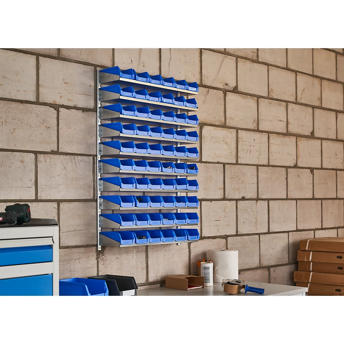 Estantería de pared 10VK Schäfer Shop Select, 10 estantes, L 1000 x A 640 x P 155 mm, con 60 cubos abiertos LF 211, azul