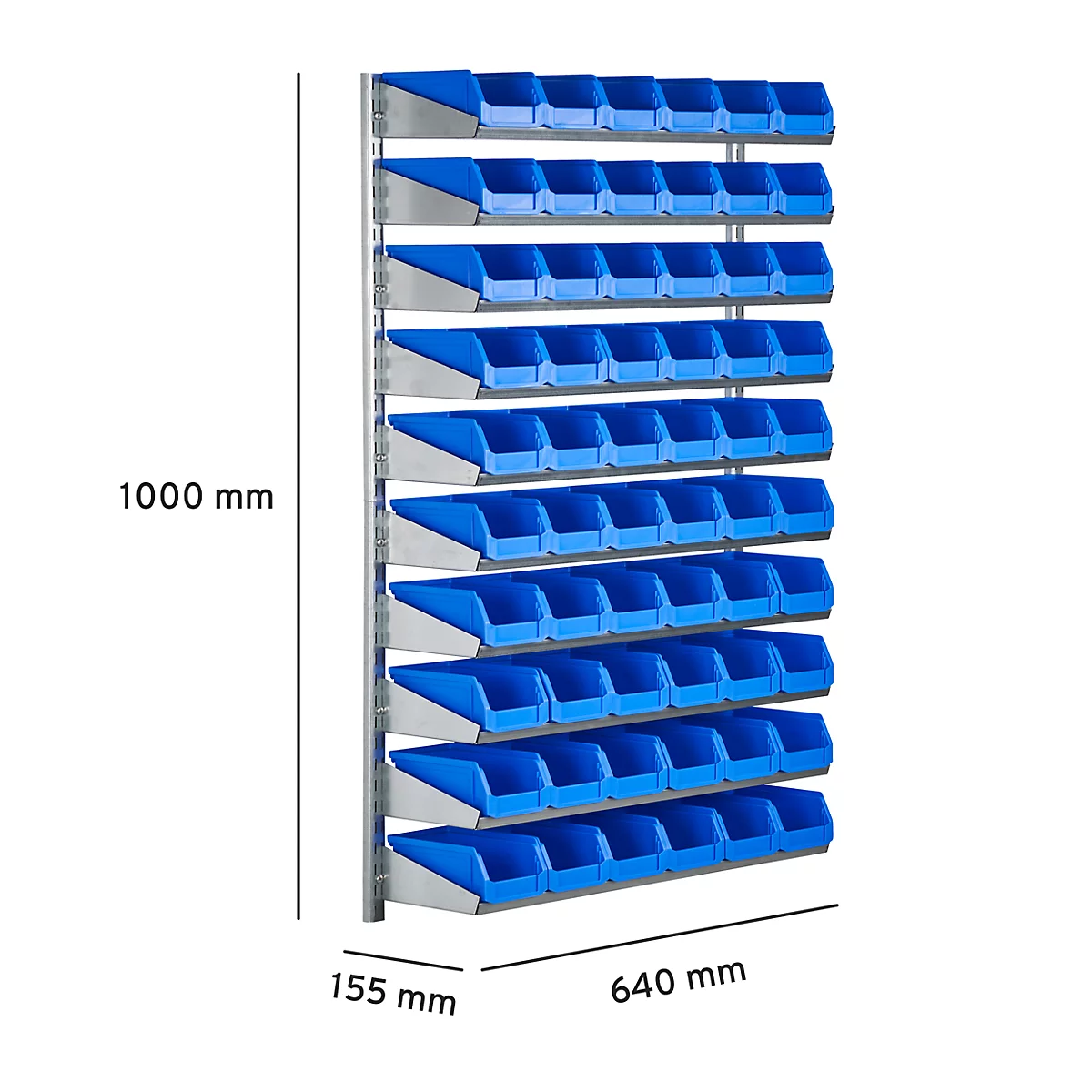 Estantería de pared 10VK Schäfer Shop Select, 10 estantes, L 1000 x A 640 x P 155 mm, con 60 cubos abiertos LF 211, azul