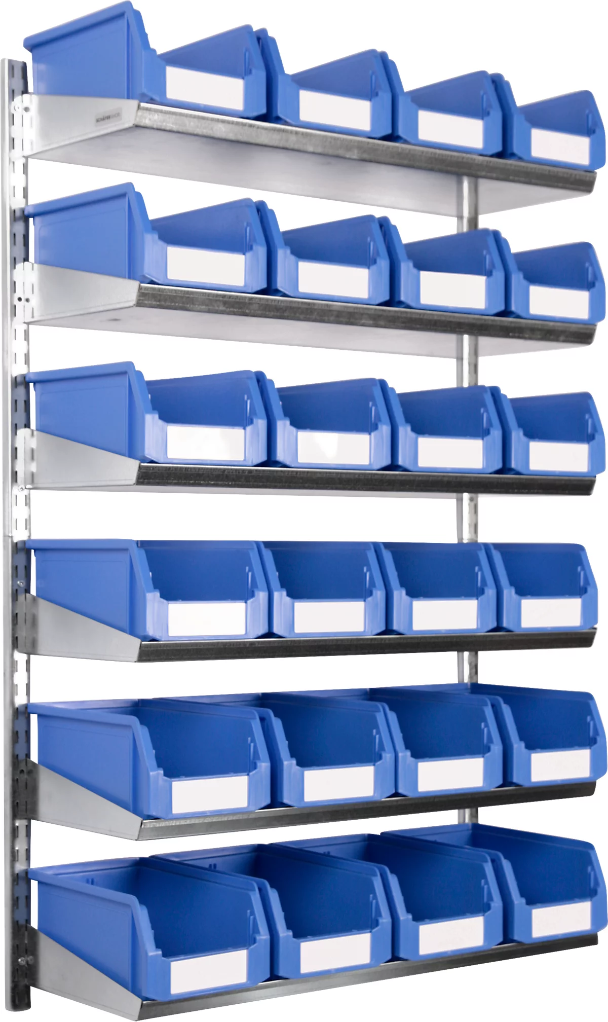Estantería de pared 6VK Schäfer Shop Select, 6 estantes, con 24 cubos azules abiertos LF 221, L 1000 x A 640 x P 220 mm