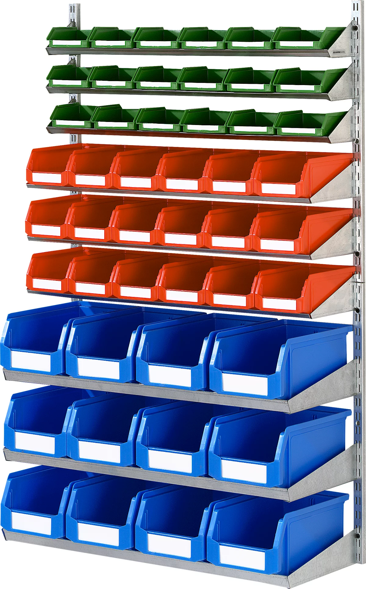 Estantería de pared 9 VK Schäfer Shop Select, 9 estantes, L 1000 x A 640 x P 100/155/220 mm, con 48 cubos abiertos serie LF