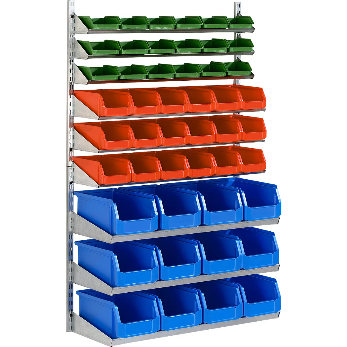 Estantería de pared con cajas de almacenamiento verdes, rojas y azules.