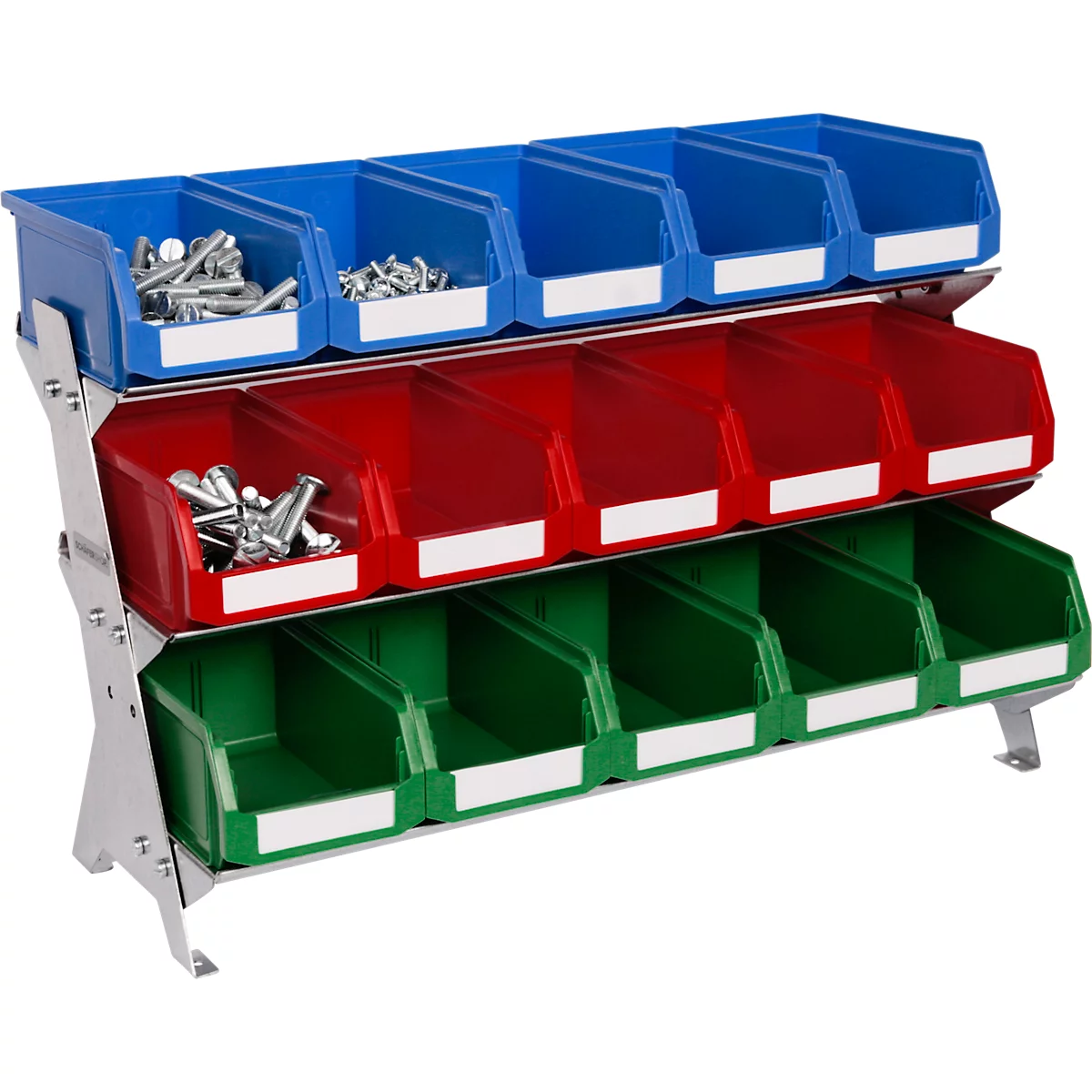 Estantería con tres filas de contenedores de colores. Azul en la parte superior, rojo en el medio, verde en la parte inferior. Contiene tornillos y tuercas. Texto en las etiquetas.