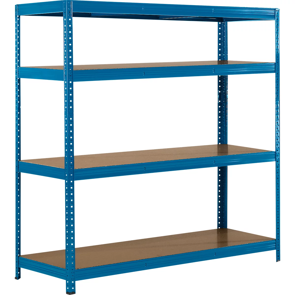 Estantería metálica azul con cuatro niveles y estantes de madera marrón.