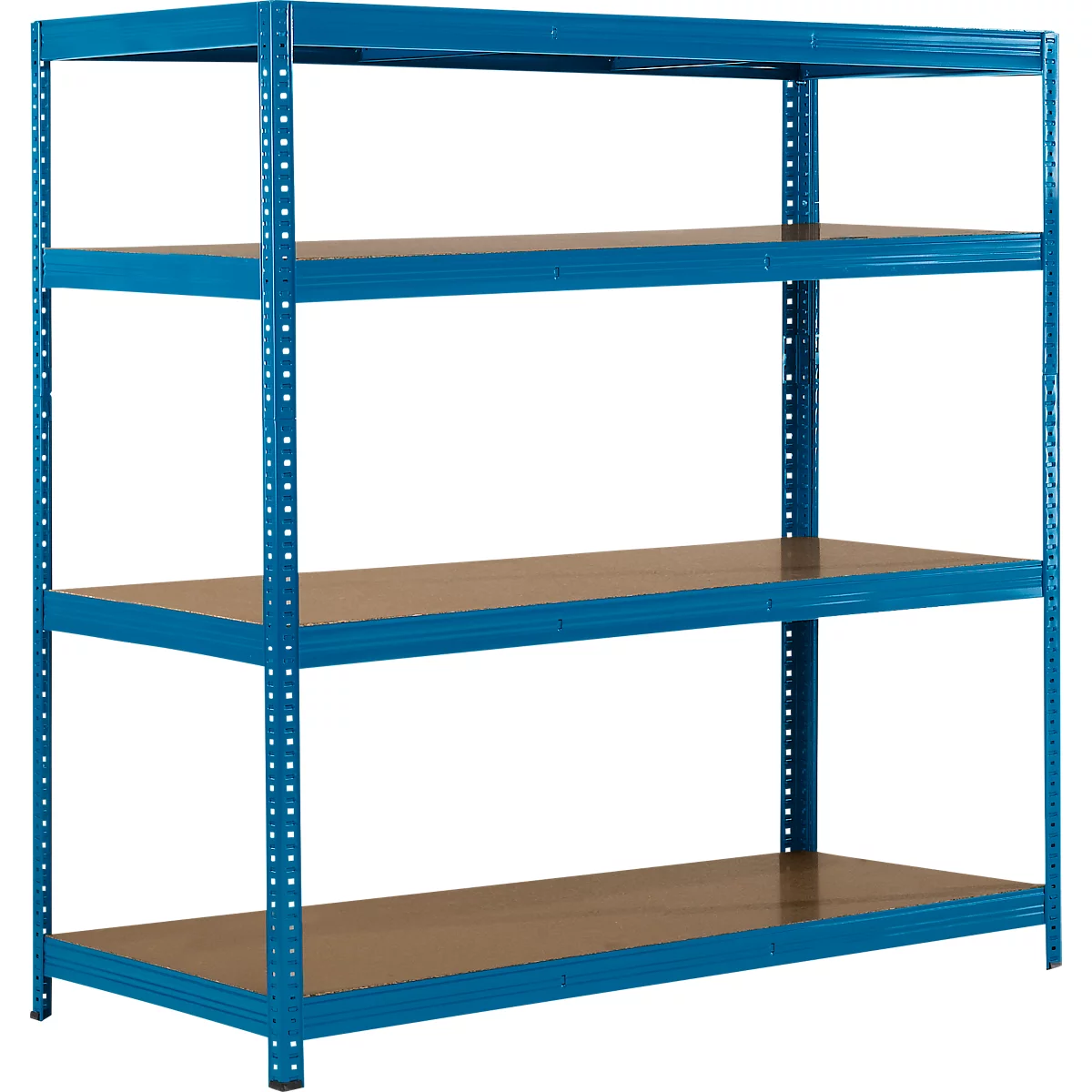 Estantería azul con cuatro niveles y estantes de madera sobre un fondo blanco.