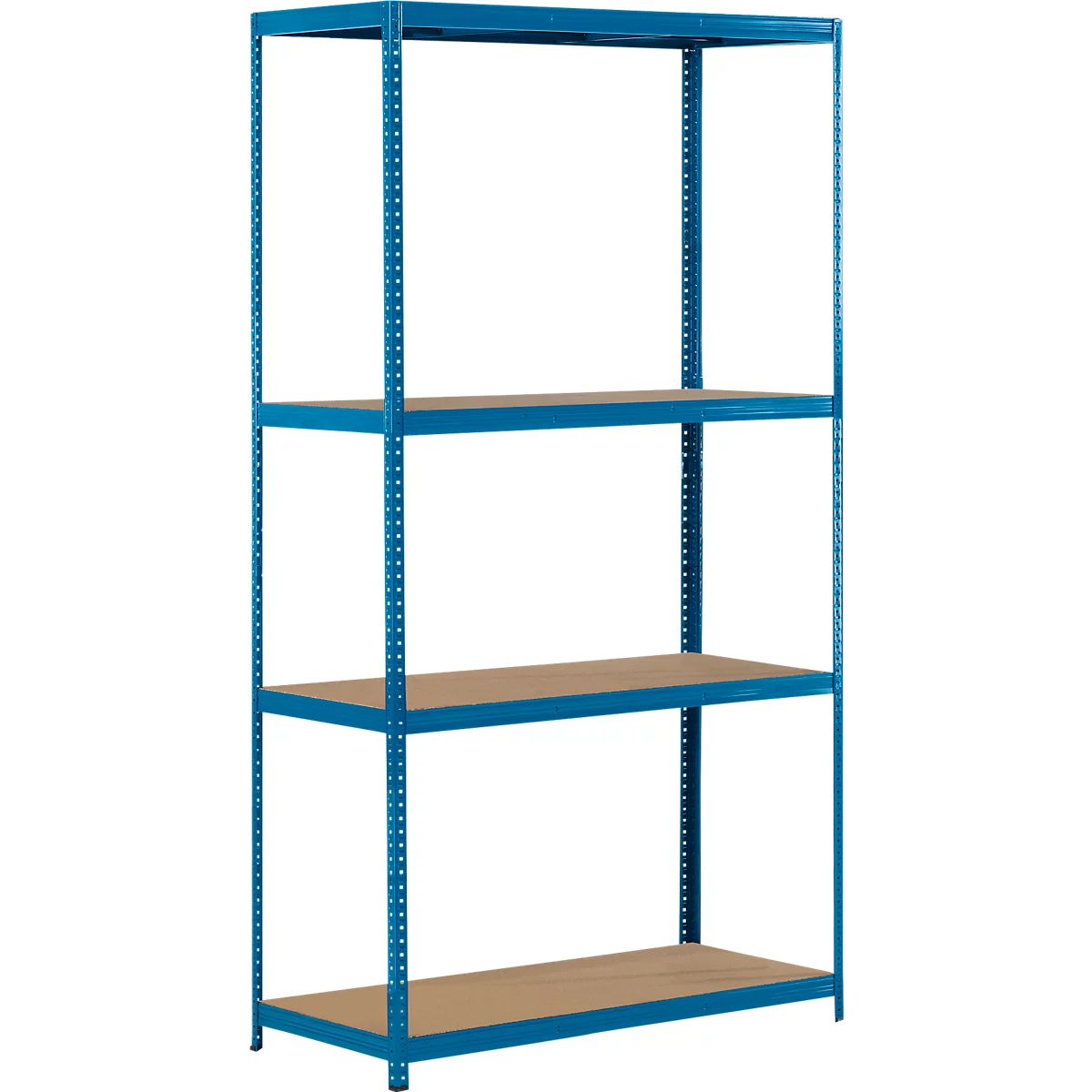 Estantería metálica azul con cuatro estantes de madera. La estructura es abierta, con agujeros en los postes metálicos.