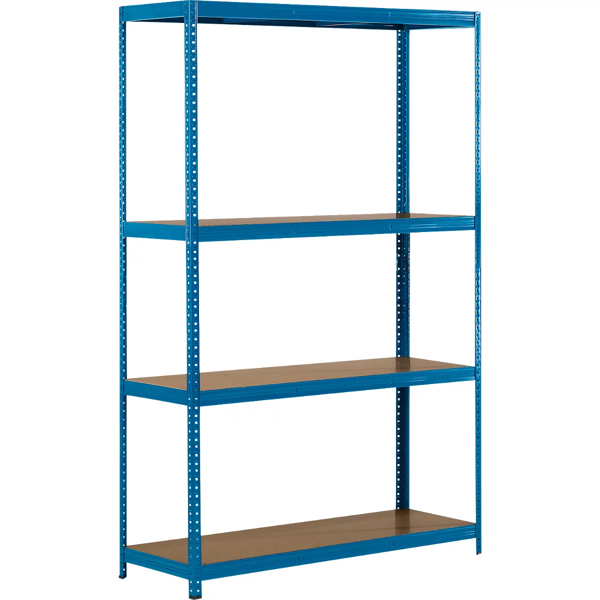 Estantería metálica azul con cuatro niveles. Estantes color madera sobre fondo blanco.