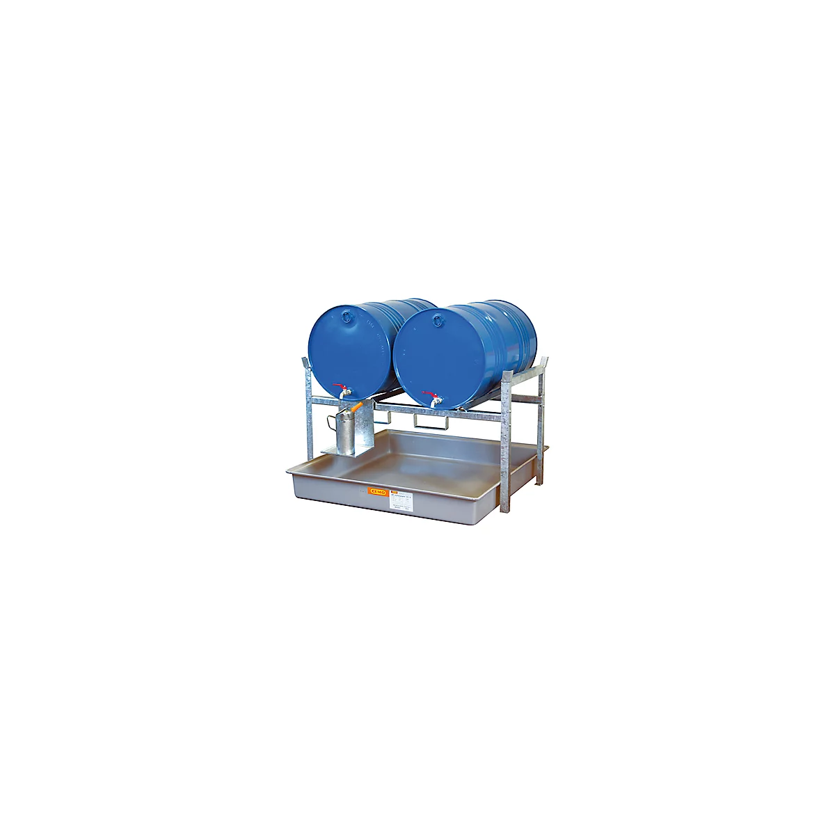 Estantería para barriles tipo 800 variante 1 CEMO, con apoyo para barriles y cubeta colectora, para 2 barriles de 200 l, An 1410 x Al 840 x P 1280 mm