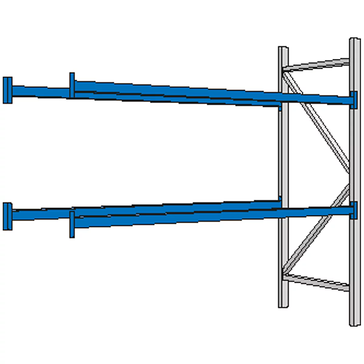 Soportes de estantería pintados de azul sobre un marco de estantería gris. Están fijados a un poste de esquina.