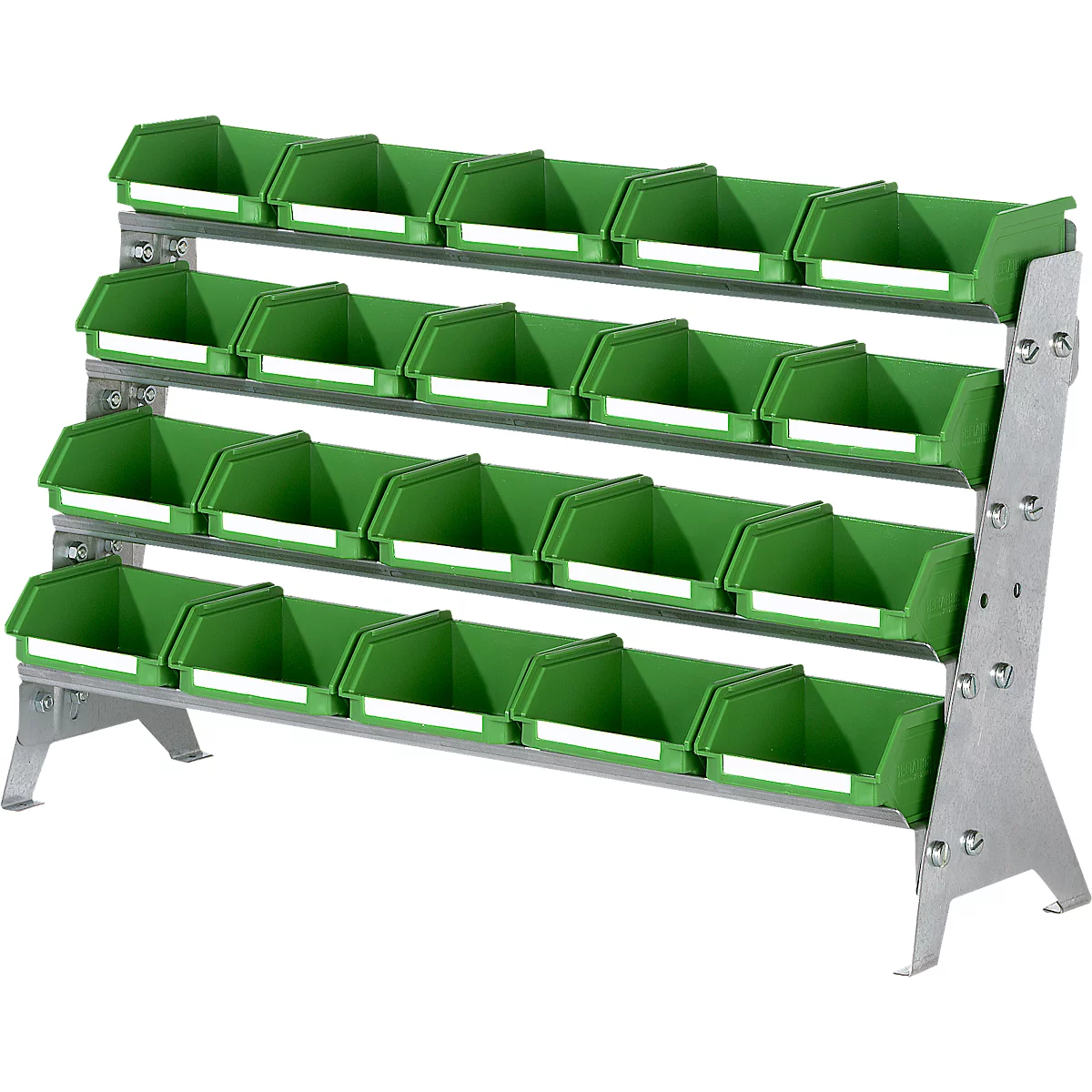 Estante de metal con contenedores de plástico verde en varias filas.