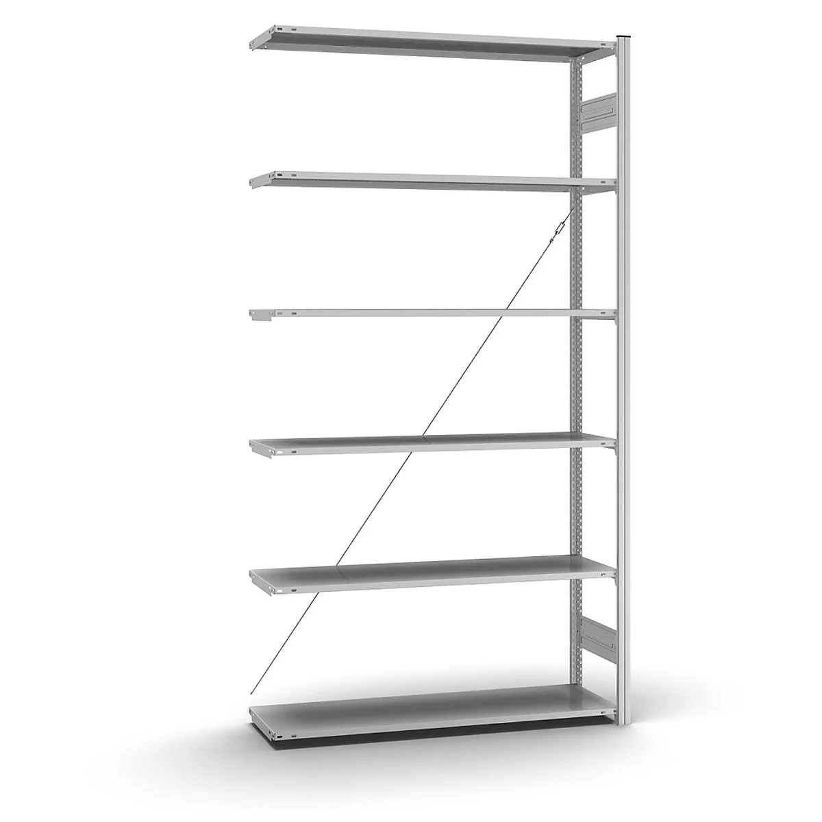 Estantería de pared gris con seis estantes, soportes diagonales y una sombra sobre un fondo blanco.