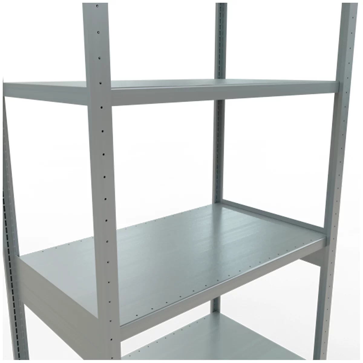 Un estante de metal gris contra un fondo blanco. Tiene cuatro estantes y puntales verticales.