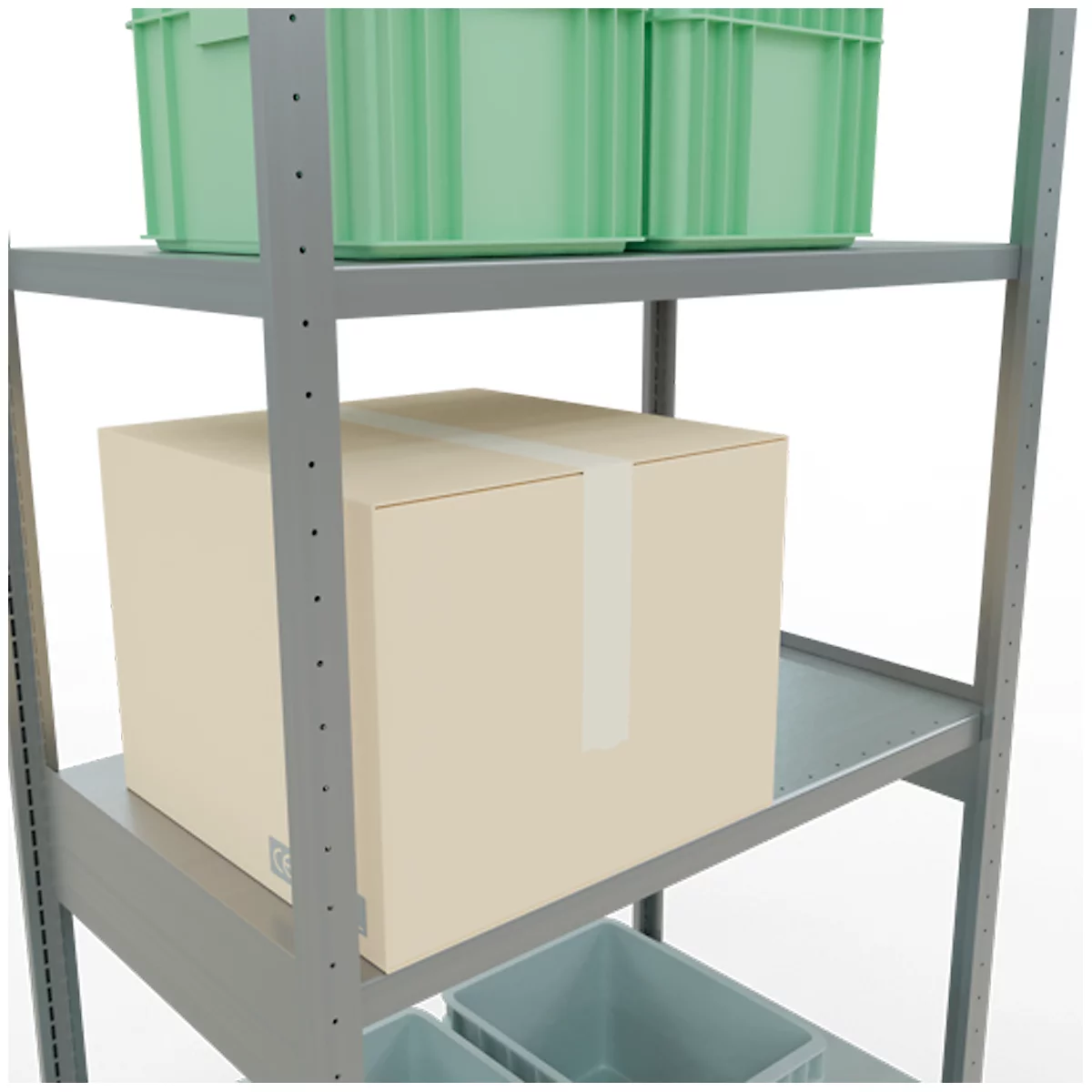 Estantería metálica gris con varios niveles, repleta de cajas verdes, una caja de cartón marrón y contenedores azul grisáceo.