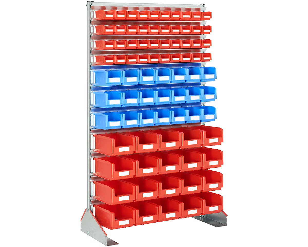 Estantes de almacenamiento de pie, de una sola cara, W 1130 x D 500 x H 1885 mm, 40 x 0,7 l, rojo + 21 x 3 l, azul + 20 x 7,5 l, rojo