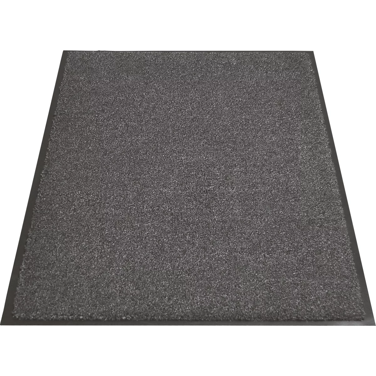 Felpudo rectangular gris oscuro con borde negro.