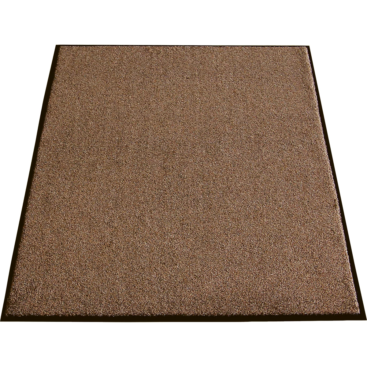 Felpudo marrón con borde negro, rectangular. Material grueso, ligeramente sombreado.