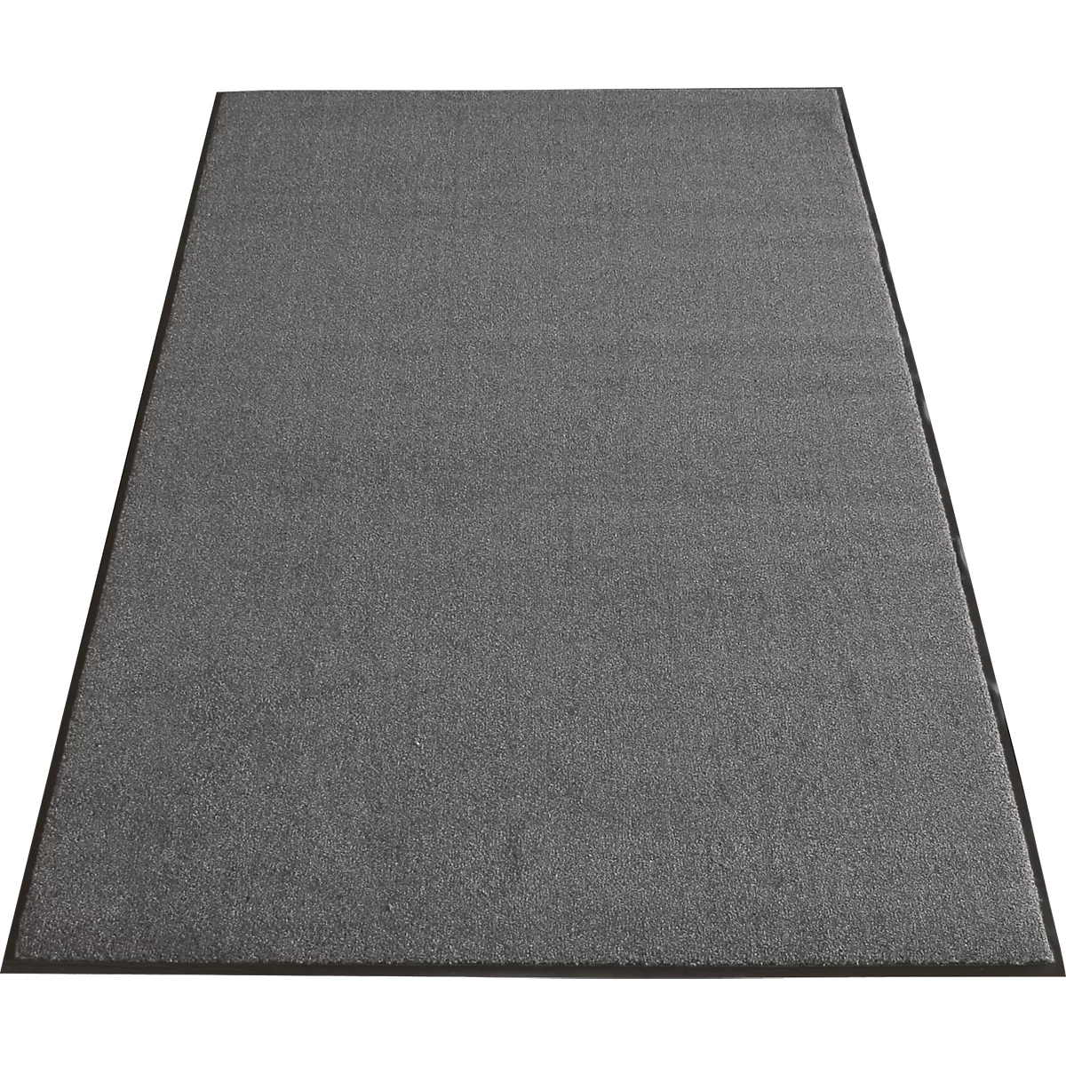 Alfombra gris con borde negro, fotografiada ligeramente desde arriba.