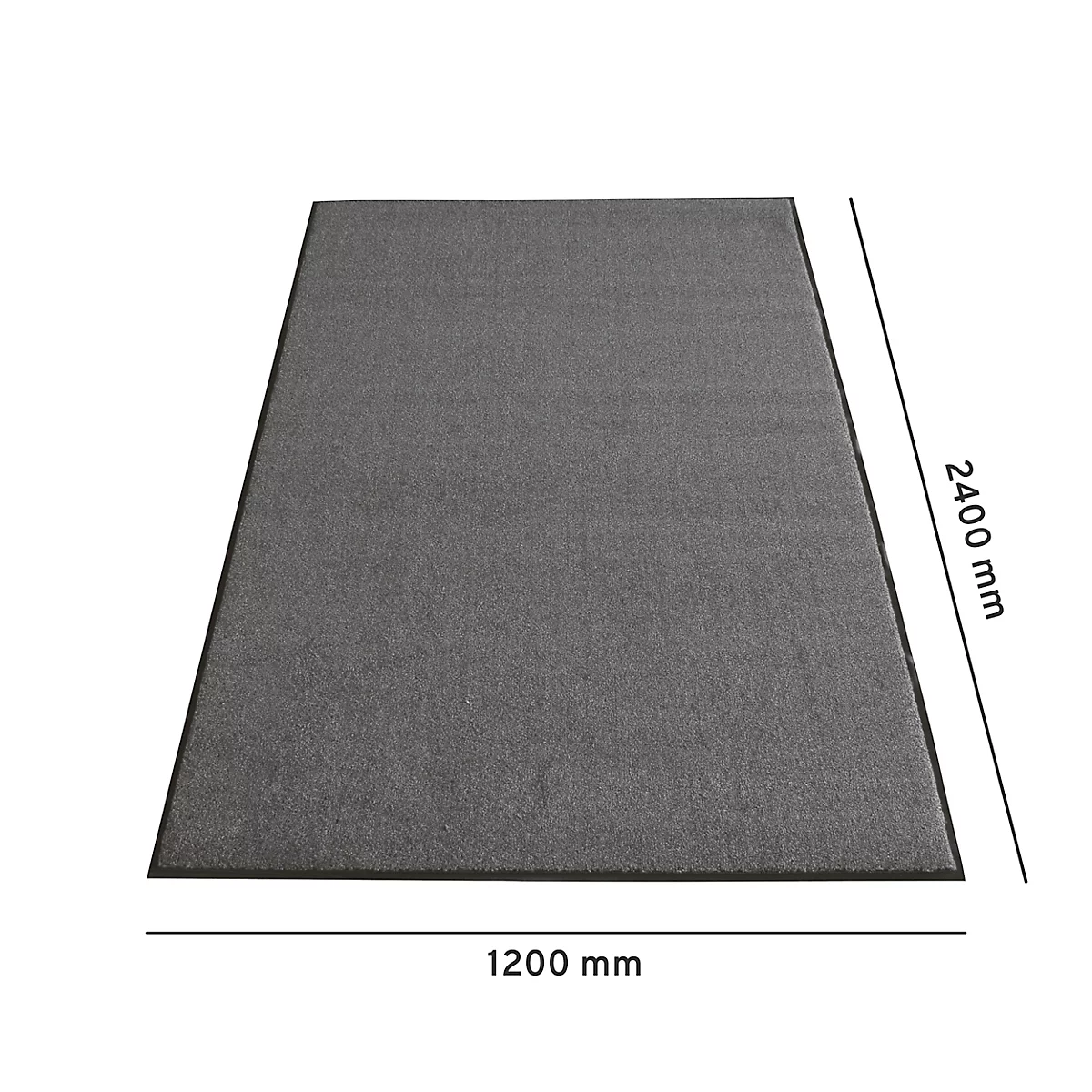 Alfombra rectangular gris sobre fondo blanco. Dimensiones: 1200 mm x 2400 mm.