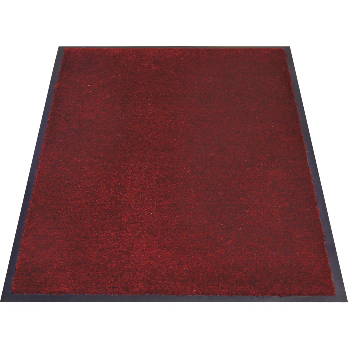 Una alfombra rectangular de color rojo oscuro con un marco negro.