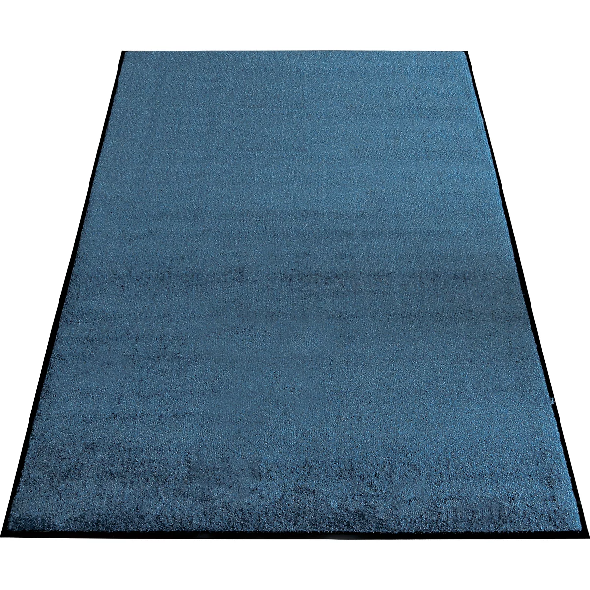 Alfombra rectangular azul con borde negro, mostrada ligeramente inclinada.