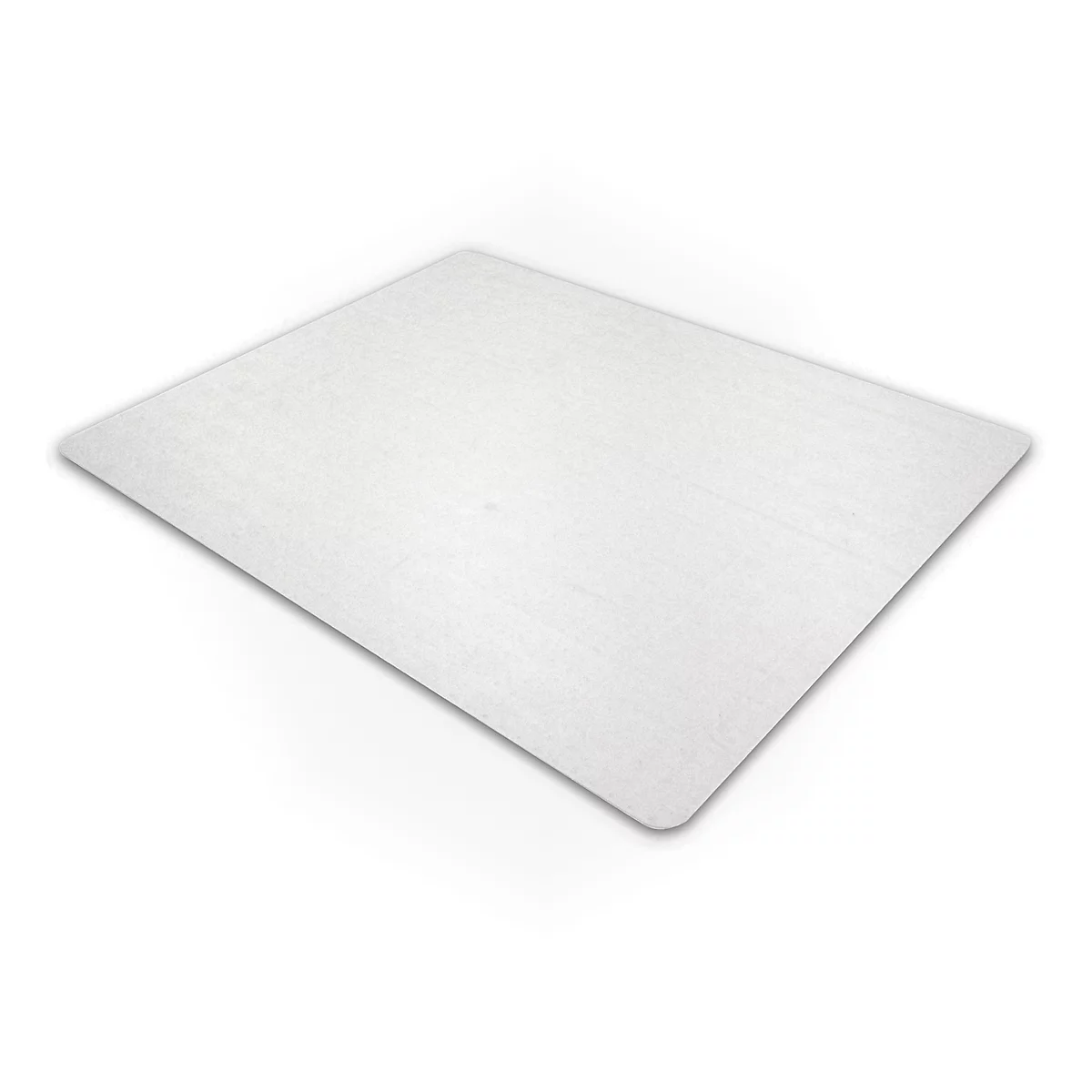 Alfombrilla de escritorio rectangular transparente con esquinas redondeadas, sobre fondo blanco.