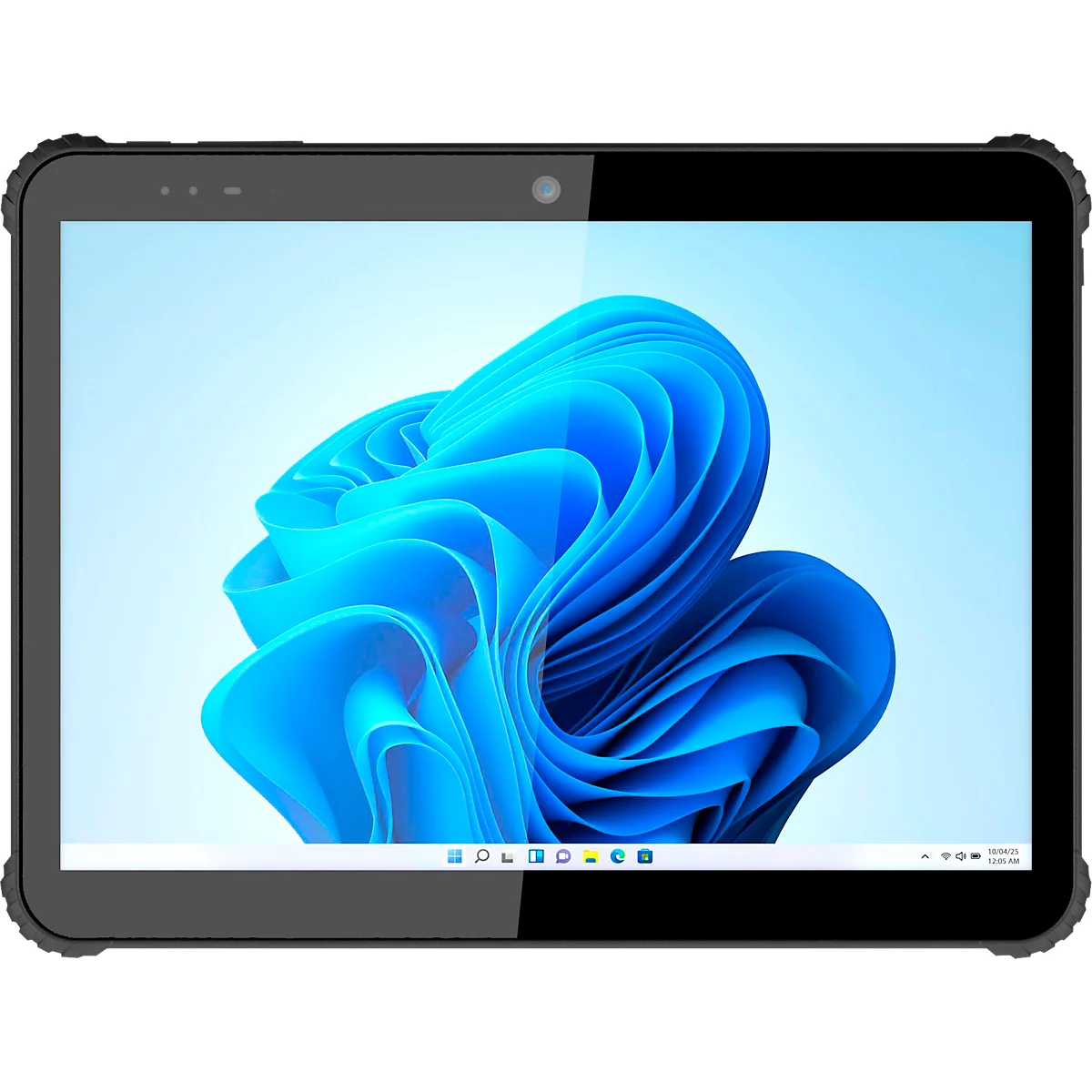 Ein robustes Tablet mit schwarzem Rahmen zeigt den blauen Windows-Standardhintergrund.