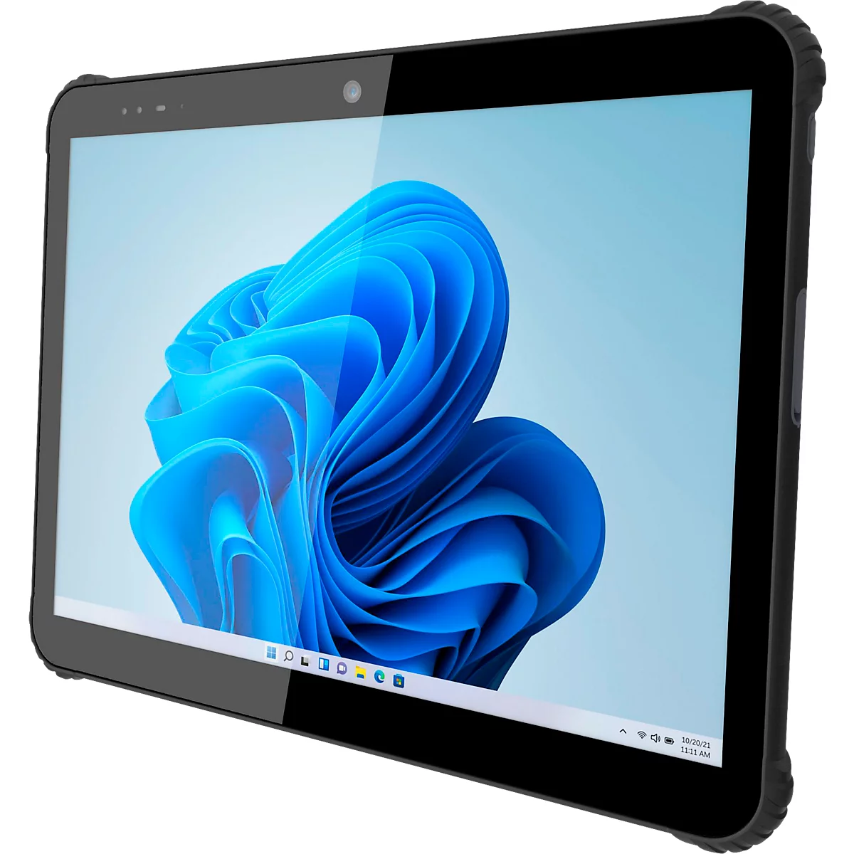 Robustes Tablet mit schwarzem Gehäuse und Windows-11-Hintergrund auf dem Display.