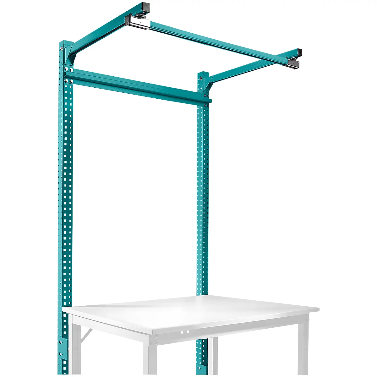 Estructura pórtica adicional con brazo saliente, Mesa básica SPEZIAL mesa de trabajo/banco de trabajo UNIVERSAL/PROFI, 1250 mm, azul agua