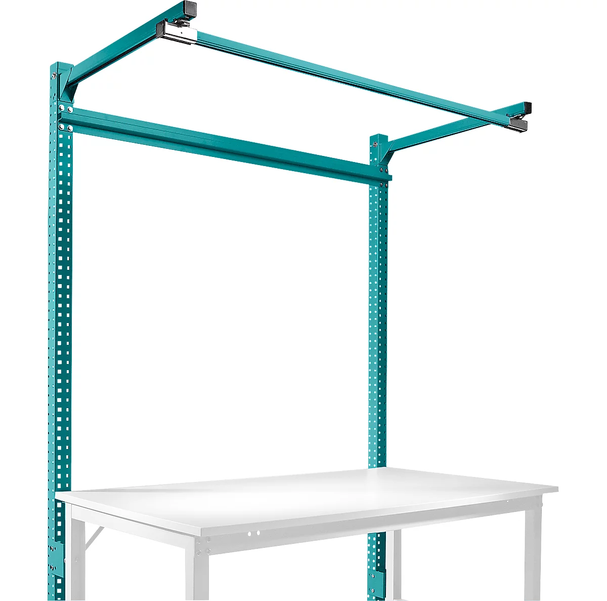 Estructura pórtica adicional con brazo saliente, Mesa básica SPEZIAL mesa de trabajo/banco de trabajo UNIVERSAL/PROFI, 1500 mm, azul agua