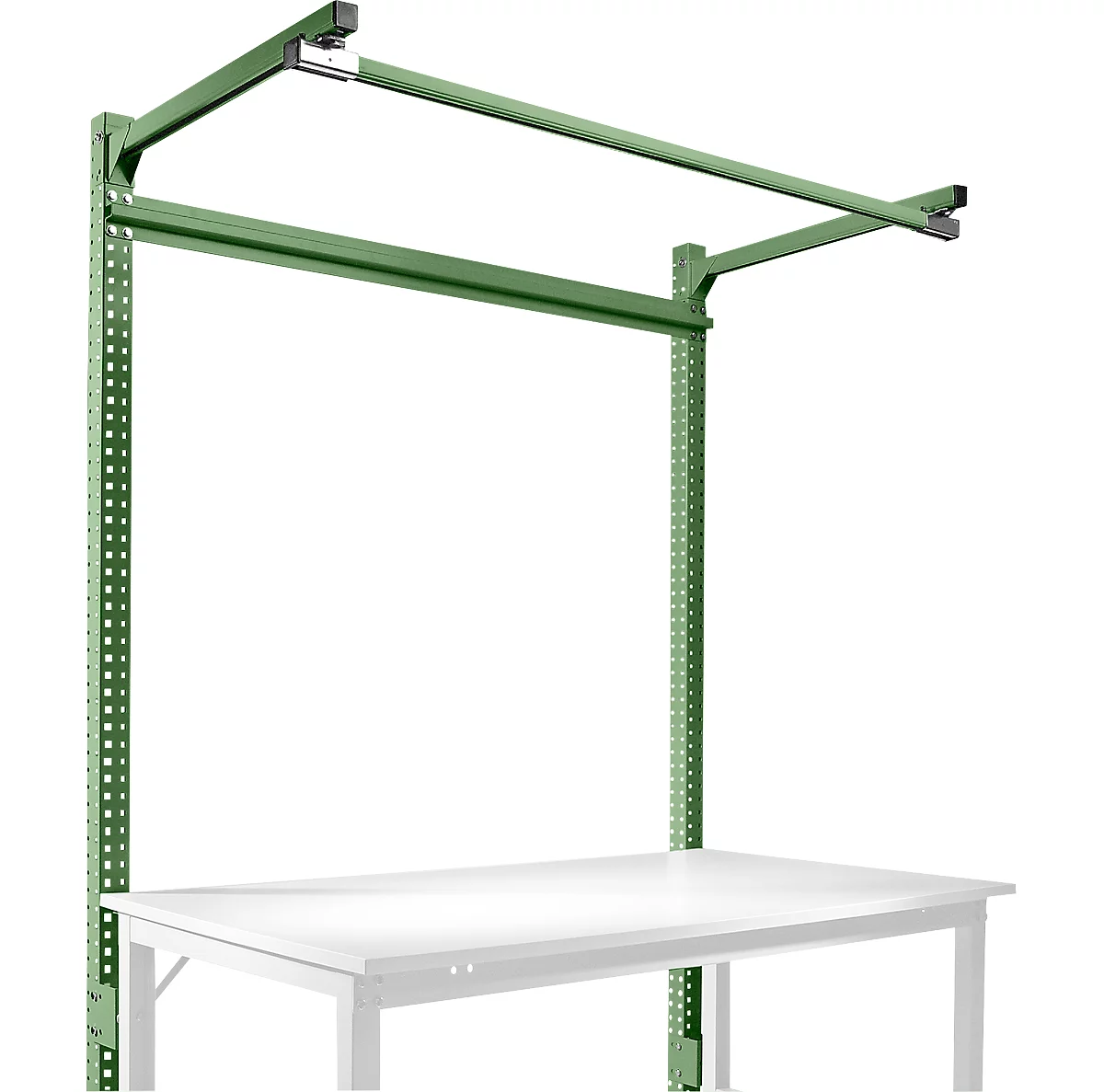 Estructura pórtica adicional con brazo saliente, Mesa básica SPEZIAL mesa de trabajo/banco de trabajo UNIVERSAL/PROFI, 1500 mm, verde reseda