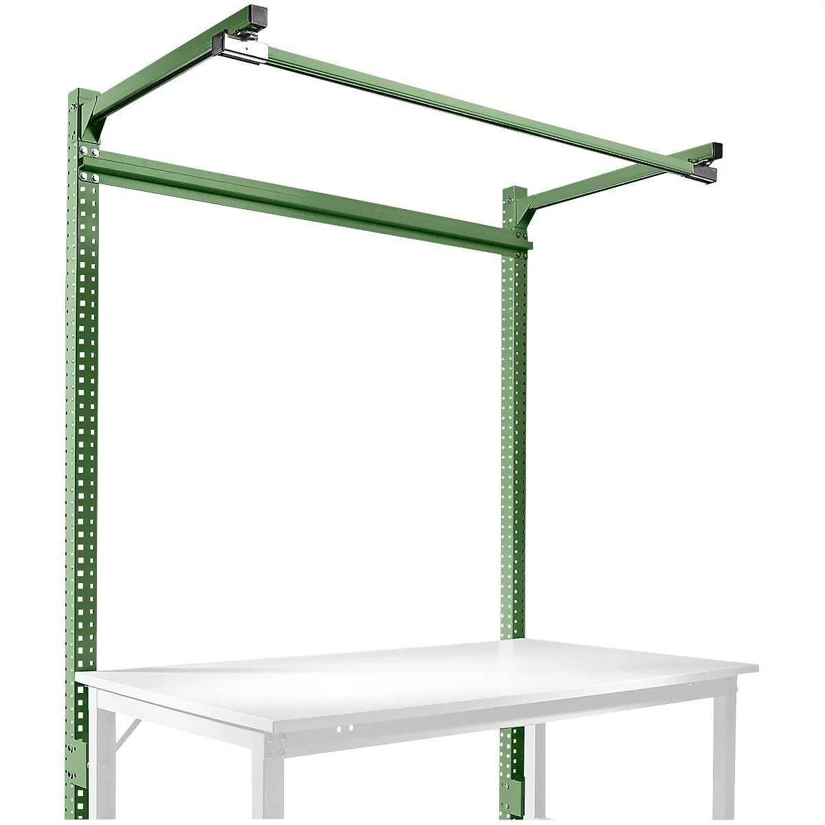 Estructura pórtica adicional con brazo saliente, Mesa básica SPEZIAL mesa de trabajo/banco de trabajo UNIVERSAL/PROFI, 1500 mm, verde reseda