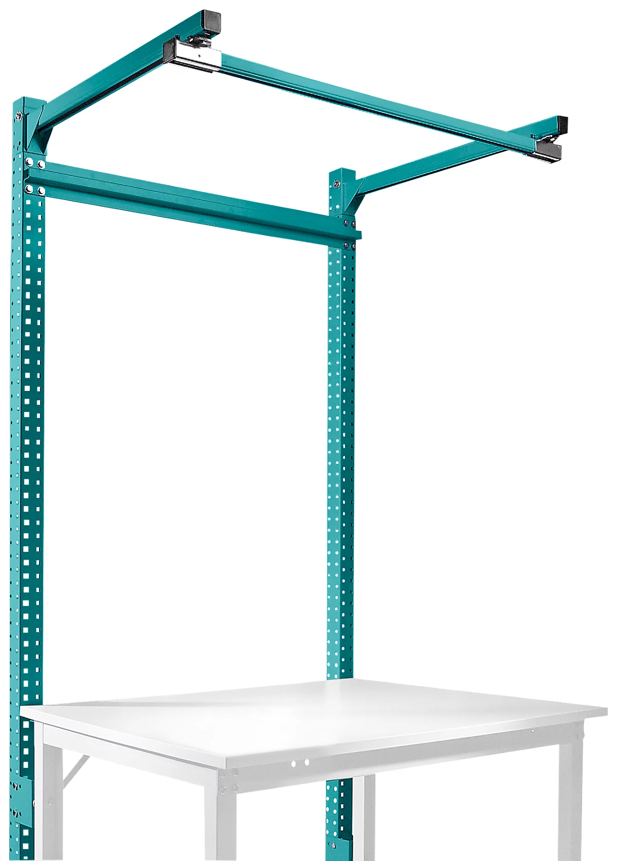 Estructura pórtica adicional con brazo saliente, Mesa básica STANDARD mesa de trabajo/banco de trabajo UNIVERSAL/PROFI, 1250 mm, azul agua