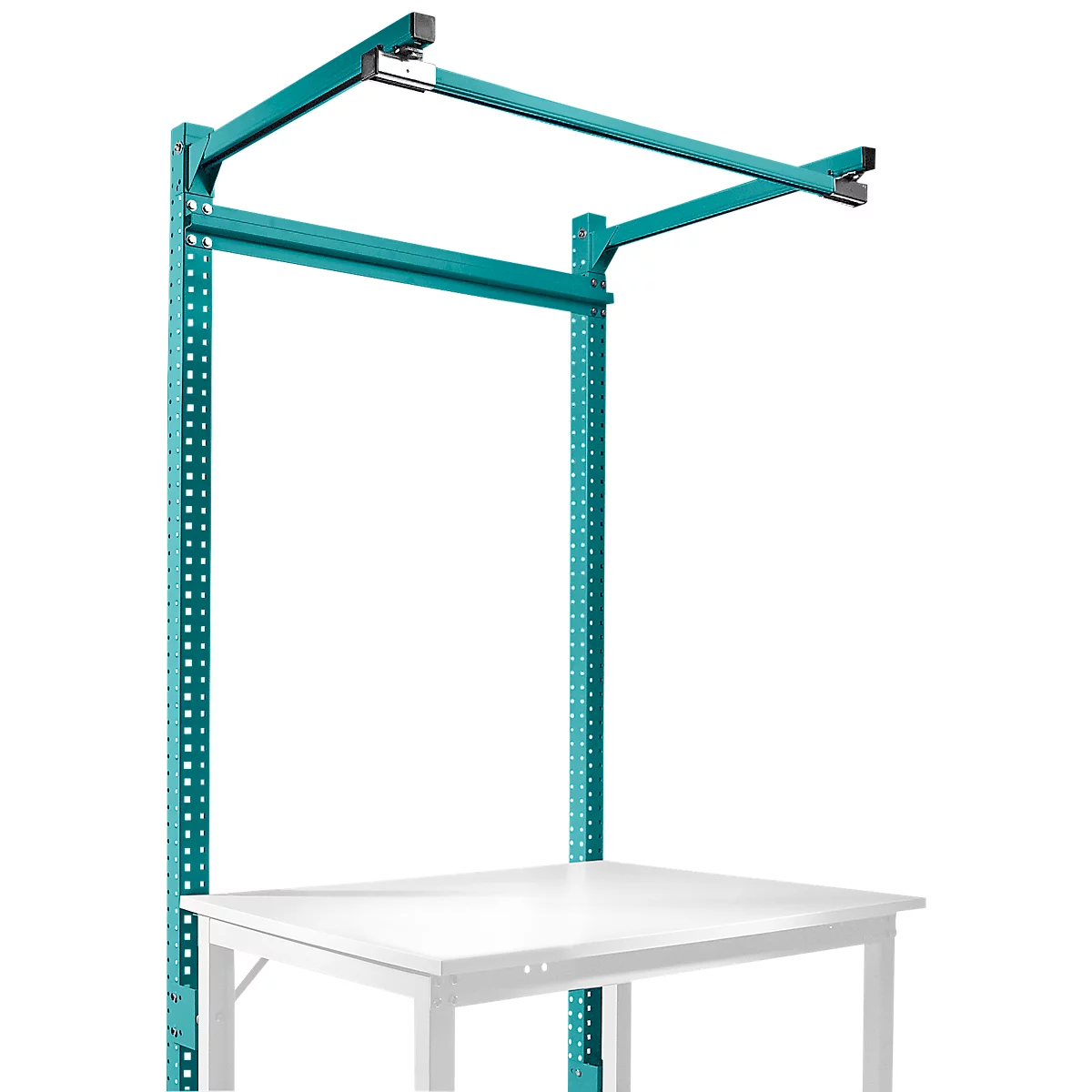 Estructura pórtica adicional con brazo saliente, Mesa básica STANDARD mesa de trabajo/banco de trabajo UNIVERSAL/PROFI, 1250 mm, azul agua