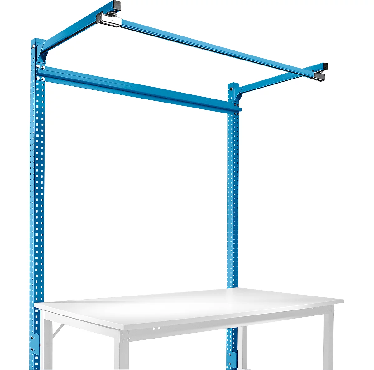 Estructura pórtica adicional con brazo saliente, Mesa básica STANDARD mesa de trabajo/banco de trabajo UNIVERSAL/PROFI, 1500 mm, azul luminoso