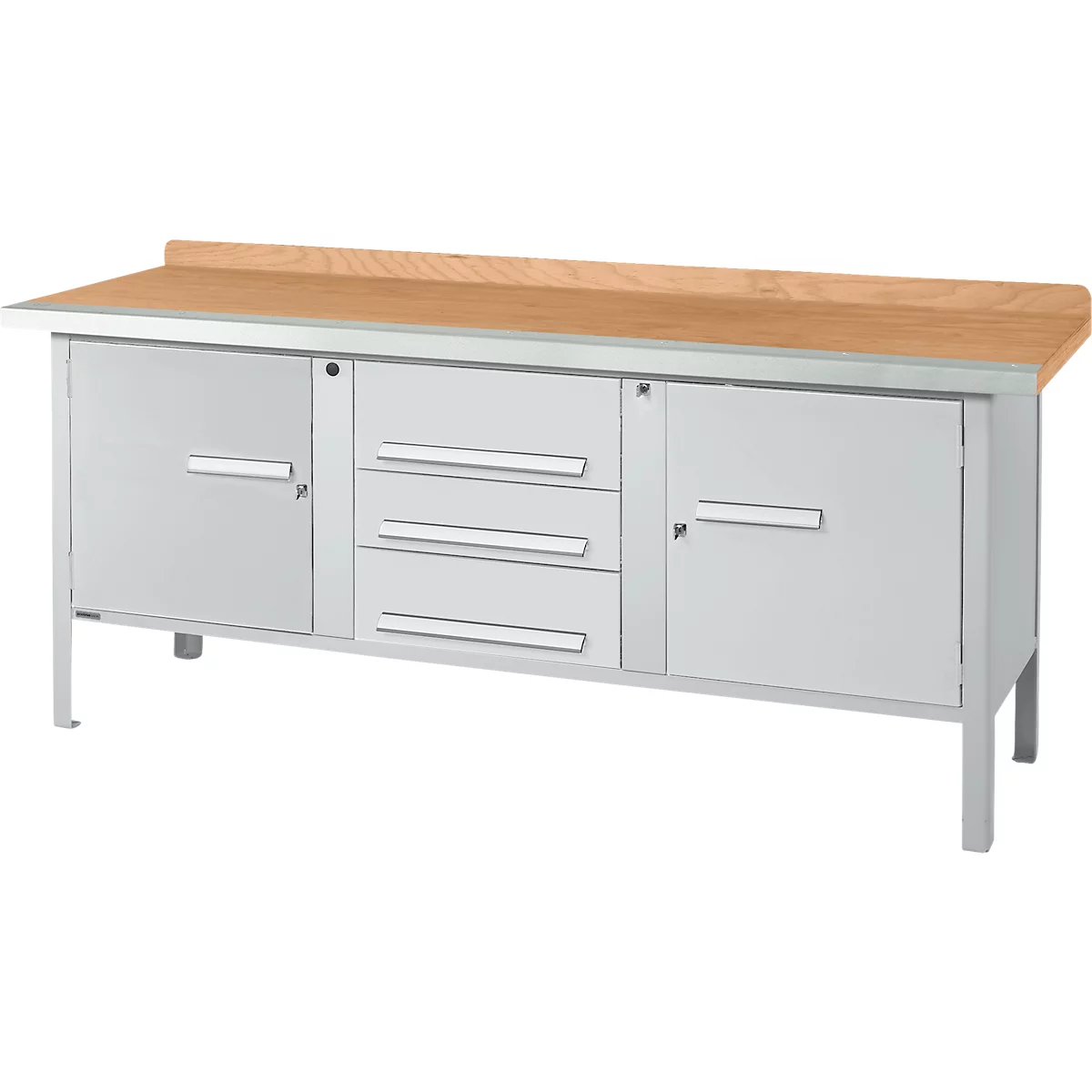 Établi à 3 éléments PWi 200-4 Schäfer Shop Select, plateau en hêtre multiplex, avec chant en acier, L 2000 x P 700 x H 840 mm, jusqu'à 750 kg, aluminium blanc