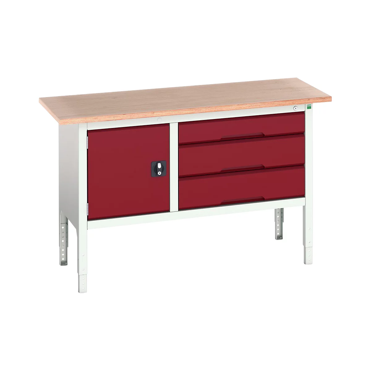 Etabli à bacs Bott verso, avec plateau en multiplex, 3 tiroirs &amp; 1 porte, L 1500 x P 600 x H 830 - 930 mm, gris clair RAL 7035 / rouge pourpre RAL 3004