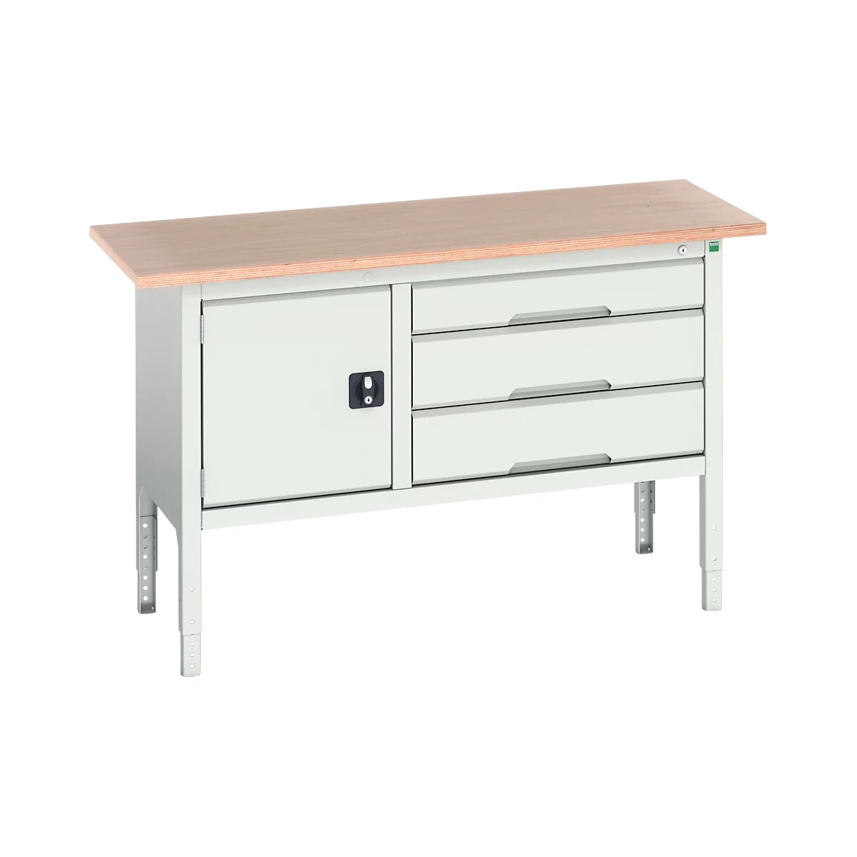 Etabli à bacs Bott verso, avec plateau en multiplex, 3 tiroirs &amp; 1 porte, L 1500 x P 600 x H 830 - 930 mm, RAL 7035 gris clair