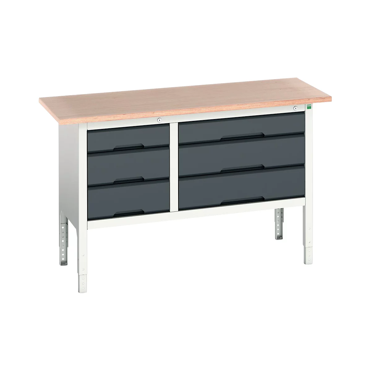 Etabli à bacs Bott verso, avec plateau en multiplex, 6 tiroirs, L 1500 x P 600 x H 830 - 930 mm, gris clair RAL 7035 / gris anthracite RAL 7016