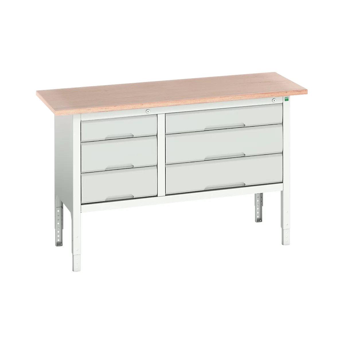 Etabli à bacs Bott verso, avec plateau en multiplex, 6 tiroirs, L 1500 x P 600 x H 830 - 930 mm, gris clair RAL 7035