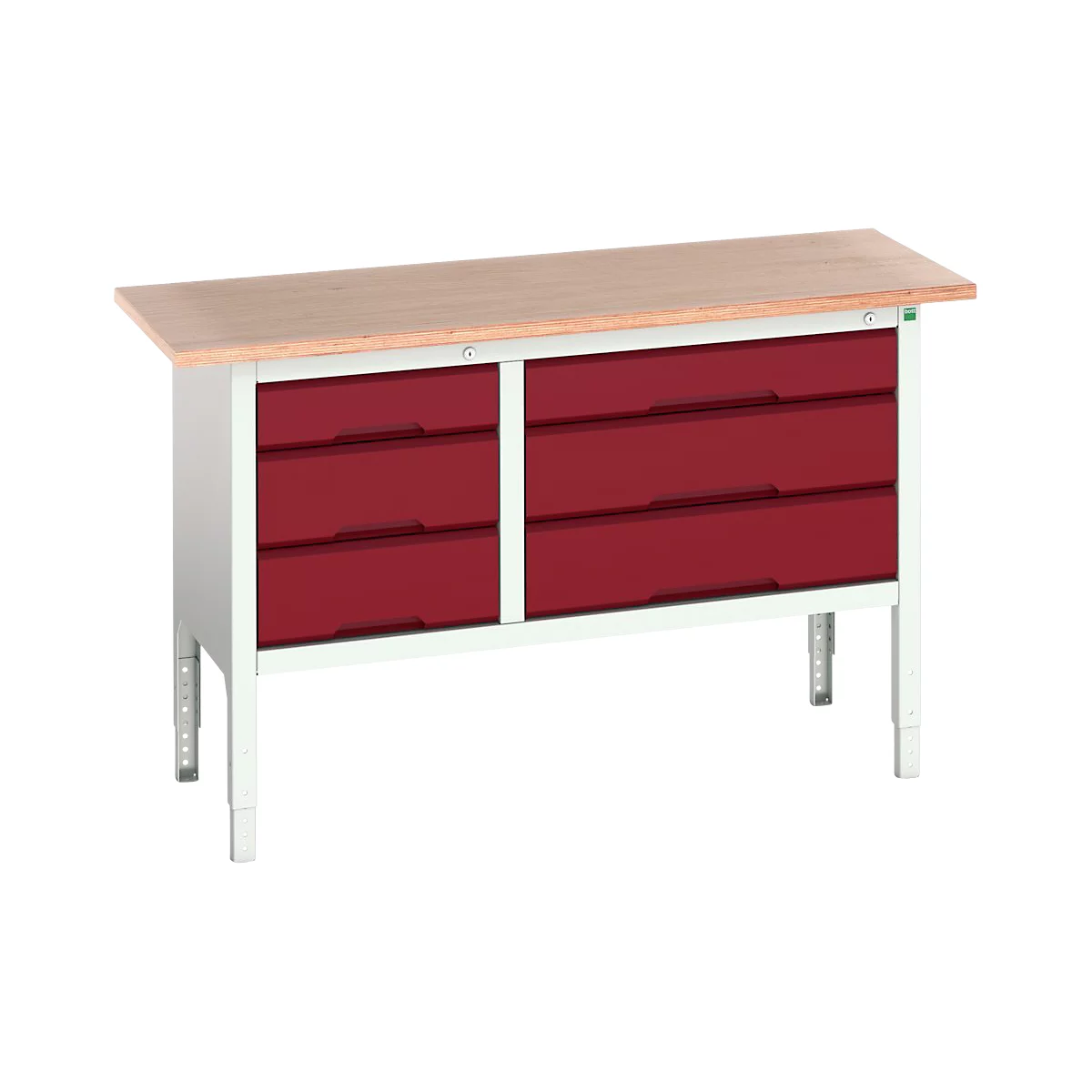 Etabli à bacs Bott verso, avec plateau en multiplex, 6 tiroirs, L 1500 x P 600 x H 830 - 930 mm, gris clair RAL 7035/ rouge pourpre RAL 3004