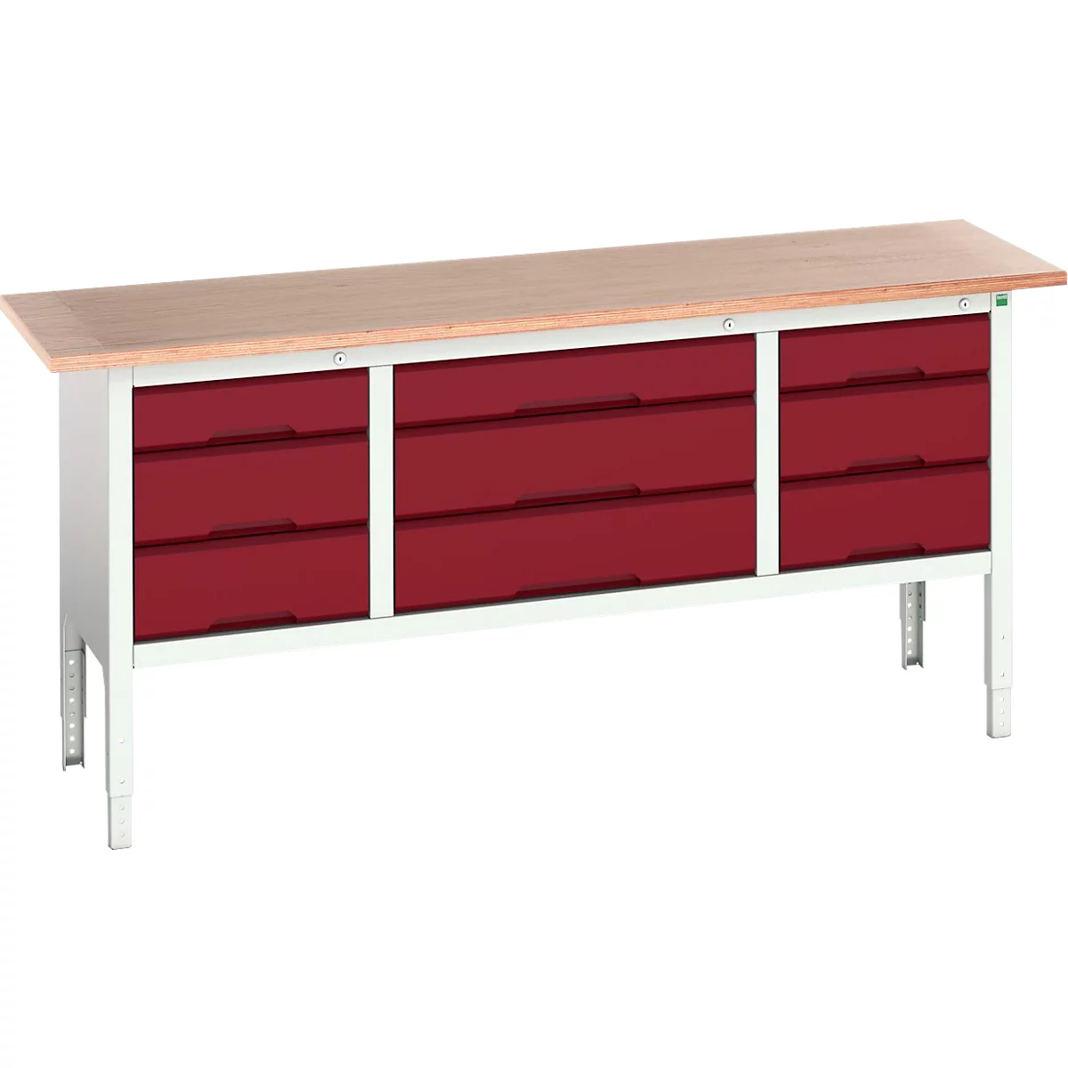 Etabli à bacs Bott verso, avec plateau en multiplex, 9 tiroirs, L 2000 x P 600 x H 830 - 930 mm, gris clair RAL 7035 / rouge pourpre RAL 3004