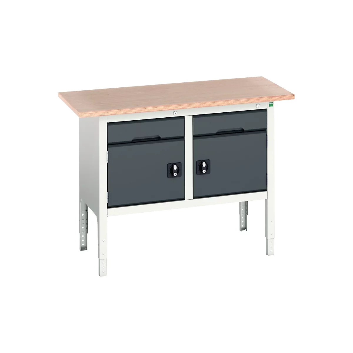Etabli à bacs Bott verso, plateau en multiplex, 2 tiroirs et 2 portes, L 1500 x P 600 x H 830 - 930 mm, RAL 7035 gris clair / gris anthracite