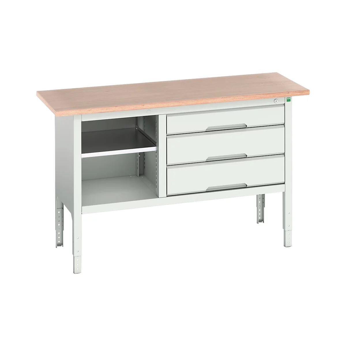 Etabli à bacs Bott verso, plateau en multiplex, 3 tiroirs &amp; 1 tablette, L 1500 x P 600 x H 830 - 930 mm, RAL 7035 gris clair