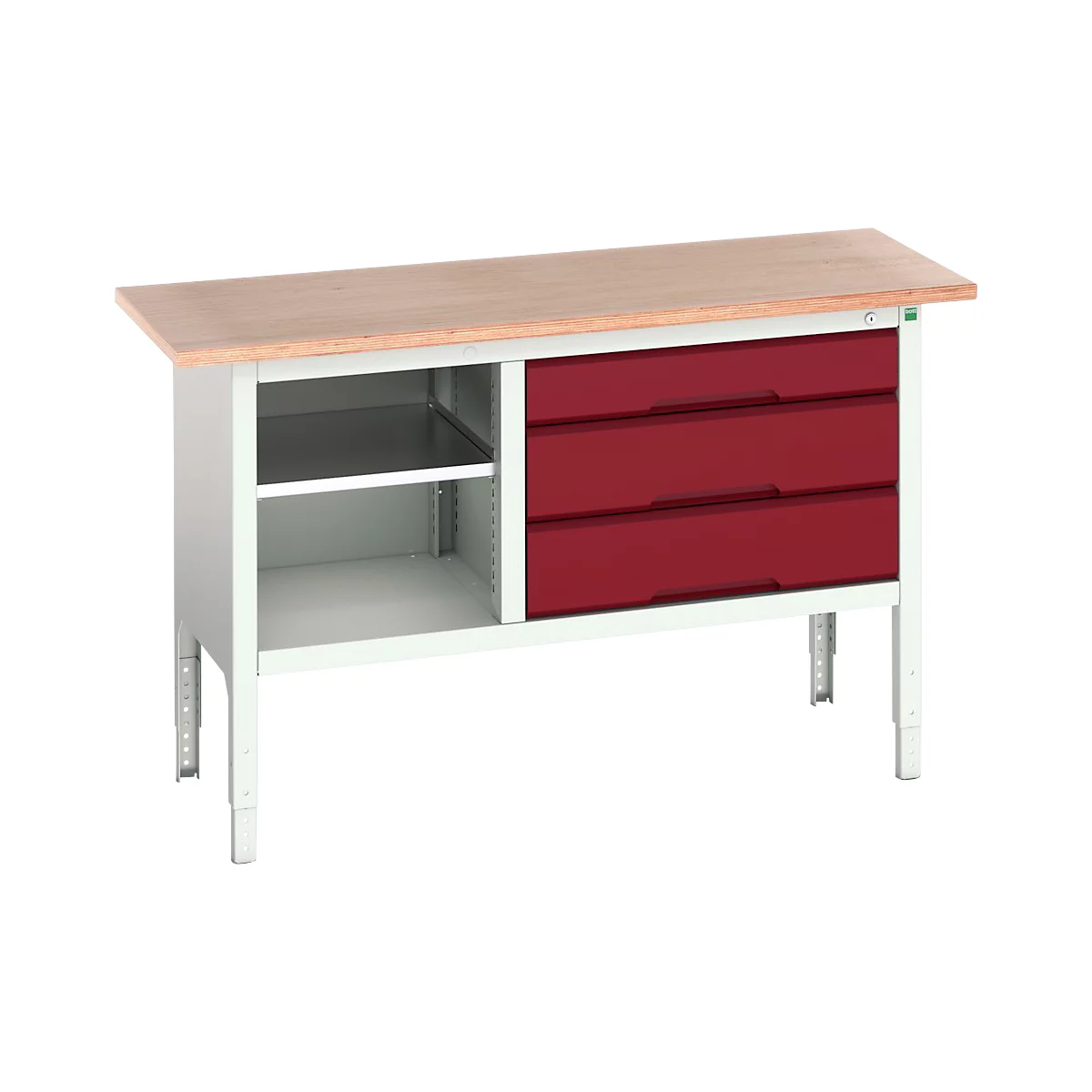 Etabli à bacs Bott verso, plateau en multiplex, 3 tiroirs &amp; 1 tablette, L 1500 x P 600 x H 830 - 930 mm, RAL 7035 gris clair / rouge pourpre