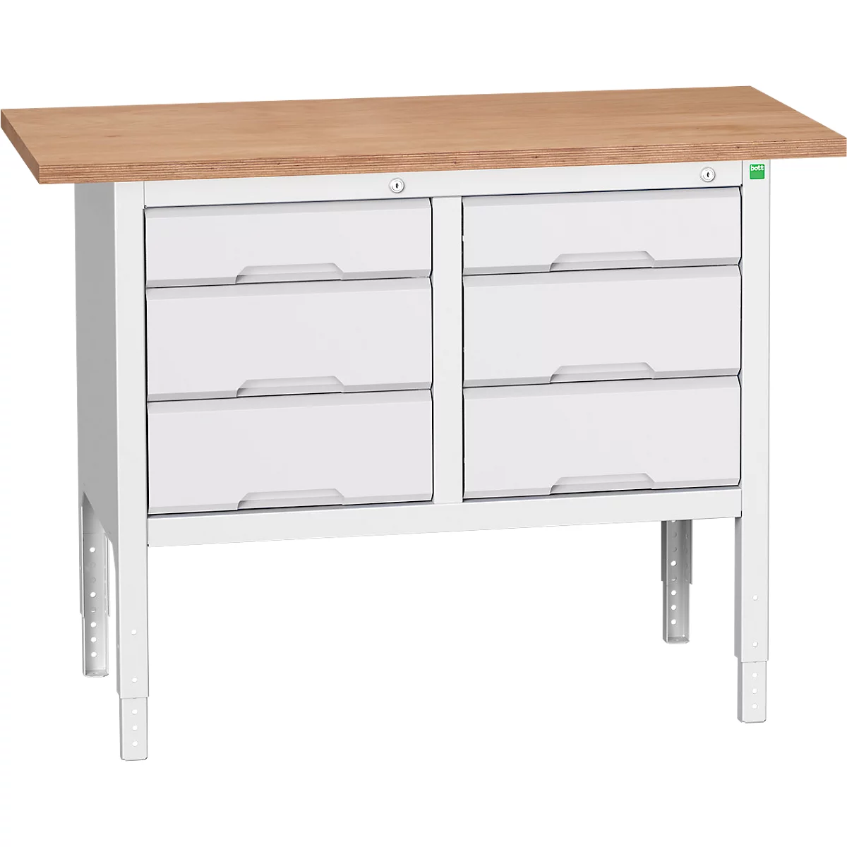 Etabli à bacs Bott verso, plateau en multiplex, 6 tiroirs, L 1250 x P 600 x H 830 - 930 mm, gris clair RAL 7035